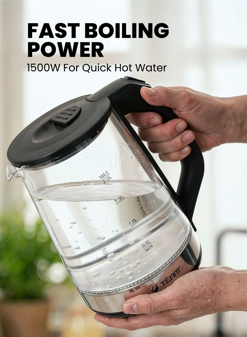 تيم TEAM Electric Glass Kettle 2.0L | 1500W Fast Boil | 360° Rotating Base | Auto Shut-Off | High-Temperature Glass Body | Boil Dry Protection - Image 3